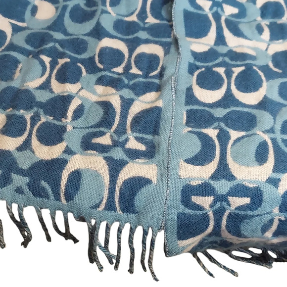 Coach Blues Monogram 100% Merino Wool Oversized‎ Scarf Muffler with fringe - Picture 8 of 15